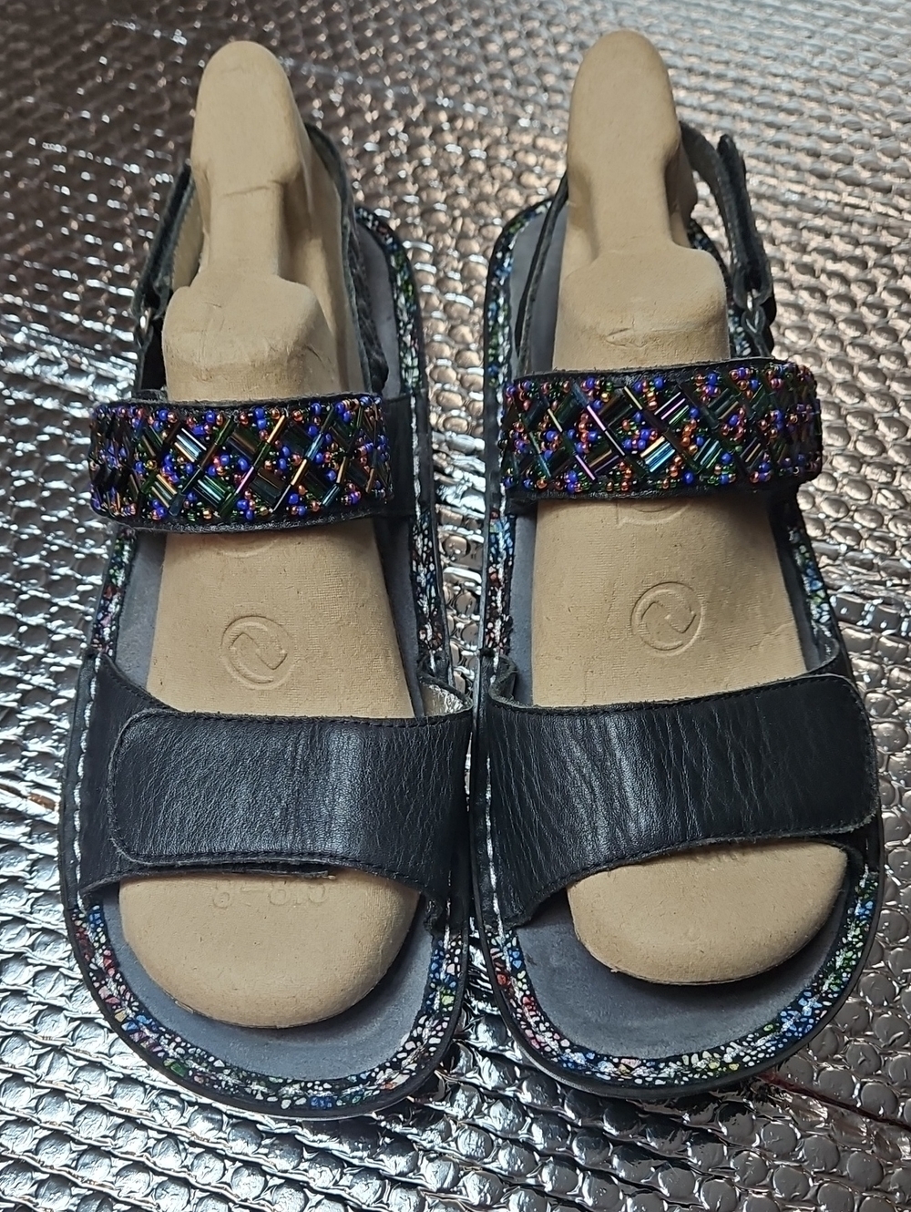 Alegria Verona by PG Black Leather Beaded Sling Back Beaded Strap Sandals